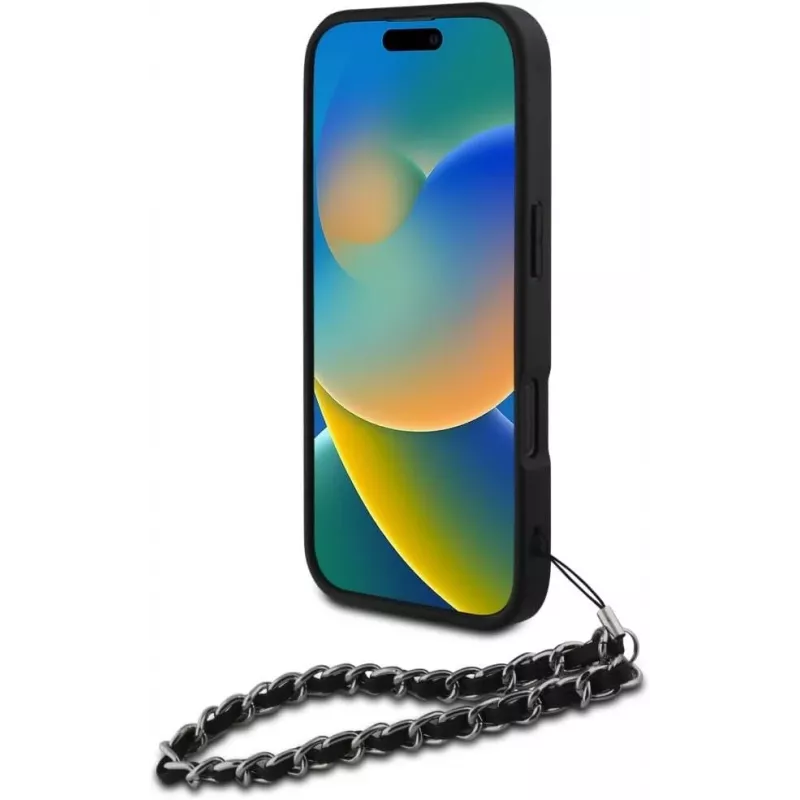 Karl Lagerfeld Saffiano Crystals with Chain funda trasera para iPhone 16 Pro, negro
