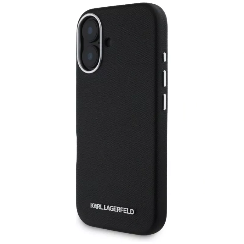 Karl Lagerfeld Saffiano FullWrapped Elongated Metal Logo Funda MagSafe para iPhone 16 negra