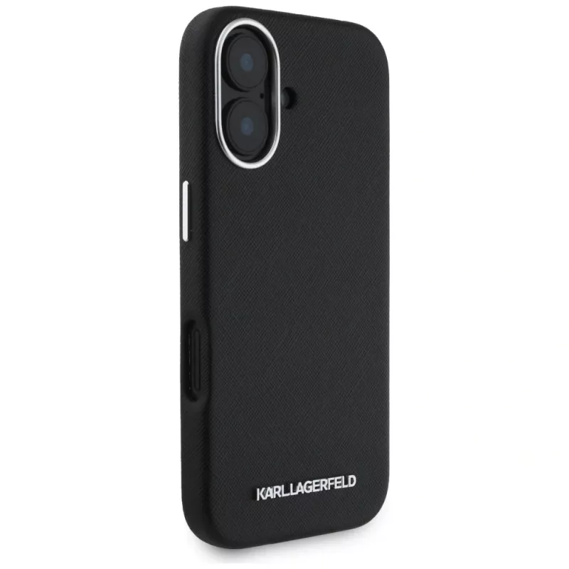 Karl Lagerfeld Saffiano FullWrapped Elongated Metal Logo Funda MagSafe para iPhone 16 negra