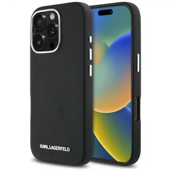 Karl Lagerfeld Saffiano Full Wrapped Elongated Metal Logo Funda MagSafe para iPhone 16 Pro negra