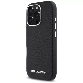 Karl Lagerfeld Saffiano Full Wrapped Elongated Metal Logo Funda MagSafe para iPhone 16 Pro negra