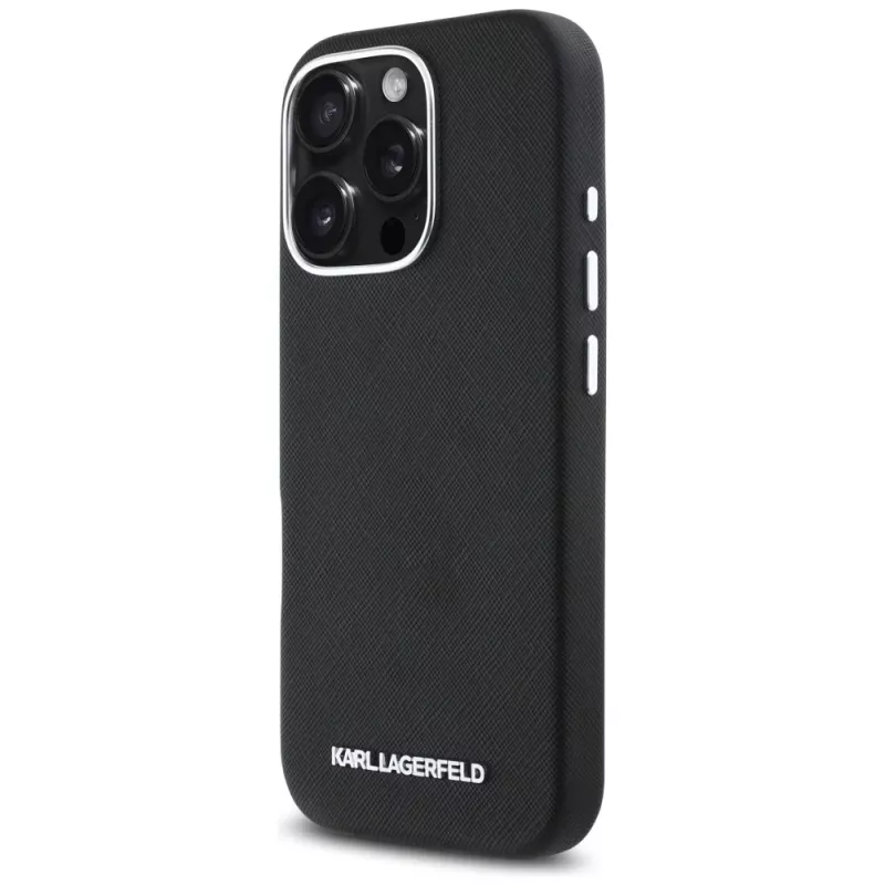 Karl Lagerfeld Saffiano Full Wrapped Elongated Metal Logo Funda MagSafe para iPhone 16 Pro negra