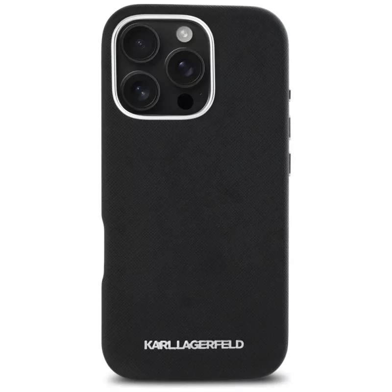 Karl Lagerfeld Saffiano Full Wrapped Elongated Metal Logo Funda MagSafe para iPhone 16 Pro negra