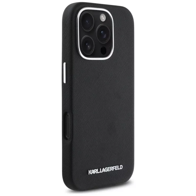Karl Lagerfeld Saffiano Full Wrapped Elongated Metal Logo Funda MagSafe para iPhone 16 Pro negra