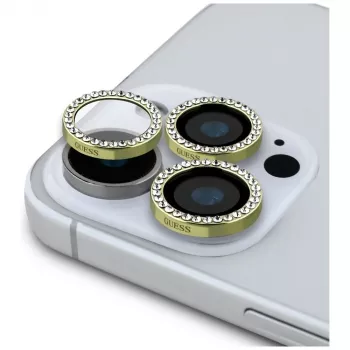 Guess BP Rhinestone Kit 2 en 1 de protector de pantalla y lente de cámara para iPhone 16 Pro Max oro