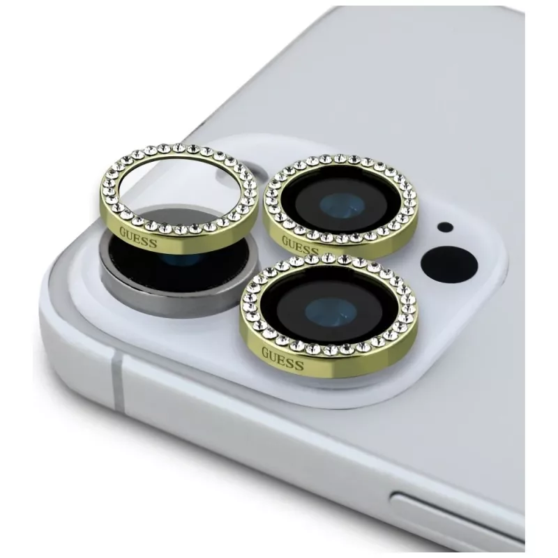 Guess BP Rhinestone Kit 2 en 1 de protector de pantalla y lente de cámara para iPhone 16 Pro Max oro