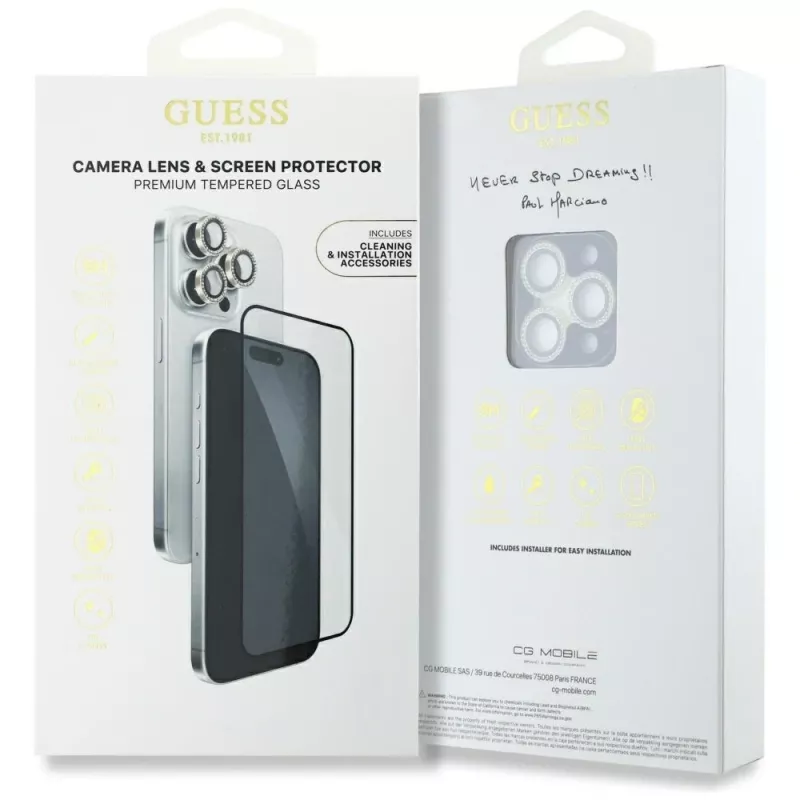 Guess BP Rhinestone Kit 2 en 1 de protector de pantalla y lente de cámara para iPhone 16 Pro Max oro