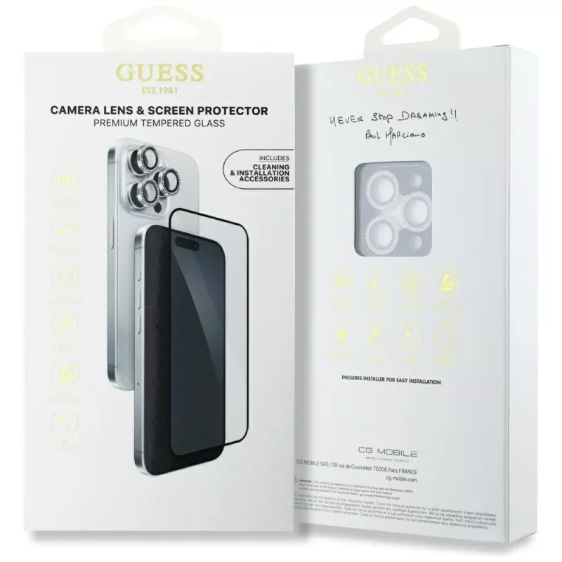 Guess BP Rhinestone Set 2 en 1 de protector de pantalla y lente de cámara para Apple iPhone 16 Pro Max - plata