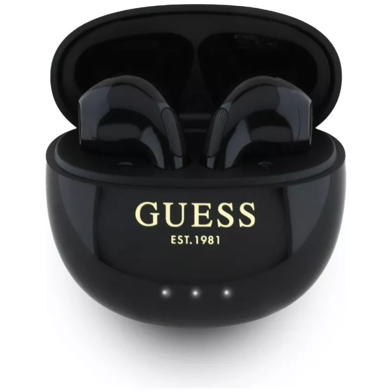Guess Auriculares TWS Glossy Effect EggShape Printed Classic Logo negros