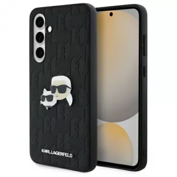 Karl Lagerfeld KLHCS24FEPGKLKCPK Funda rígida para Samsung Galaxy S24 FE negra Monogram Karl & Choupette Head Pin