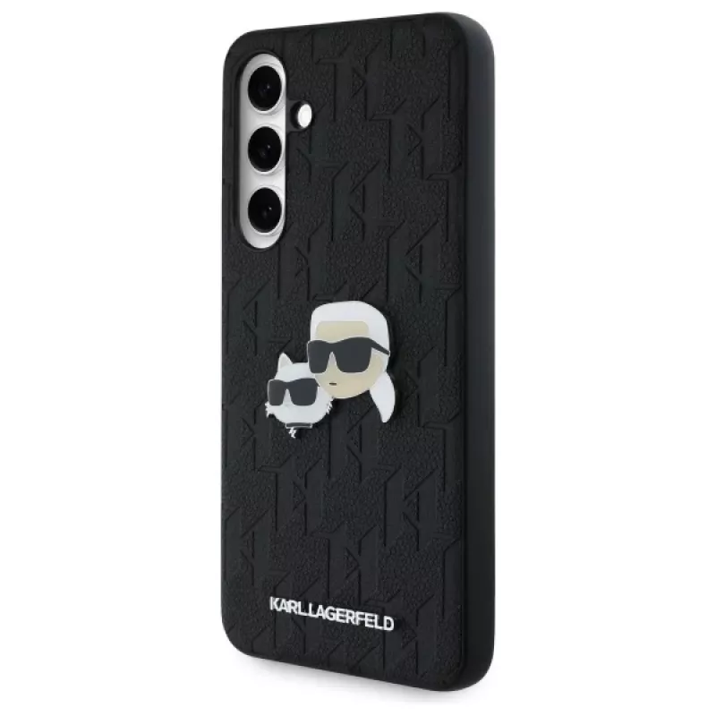 Karl Lagerfeld KLHCS24FEPGKLKCPK Funda rígida para Samsung Galaxy S24 FE negra Monogram Karl & Choupette Head Pin