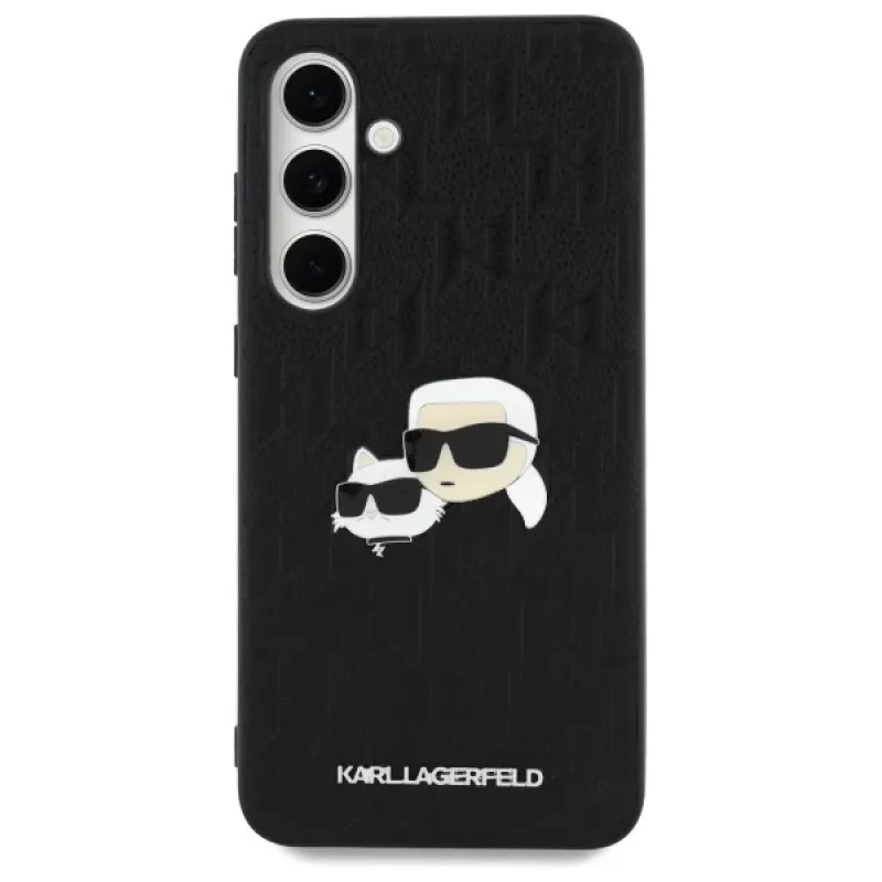 Karl Lagerfeld KLHCS24FEPGKLKCPK Funda rígida para Samsung Galaxy S24 FE negra Monogram Karl & Choupette Head Pin