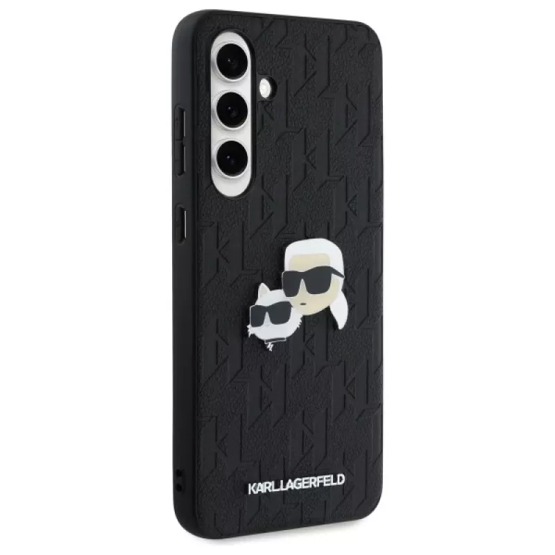 Karl Lagerfeld KLHCS24FEPGKLKCPK Funda rígida para Samsung Galaxy S24 FE negra Monogram Karl & Choupette Head Pin