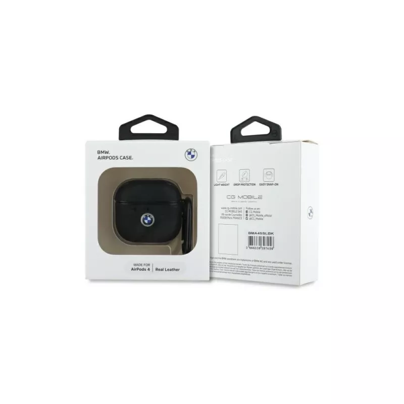 BMW BMA4SSLBK Funda para AirPods 4 negra piel auténtica logo plateado