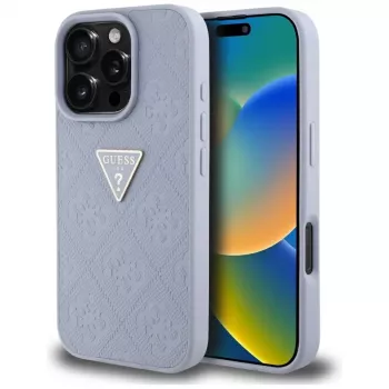 Guess Funda trasera Hot Stamp 4G Pattern Triangle Metal Logo para iPhone 16 Pro, Morado
