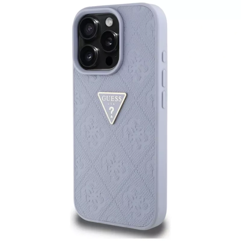 Guess Funda trasera Hot Stamp 4G Pattern Triangle Metal Logo para iPhone 16 Pro, Morado