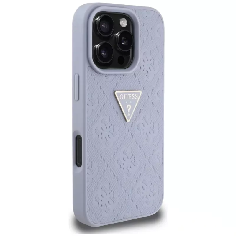 Guess Funda Hot Stamp 4G Pattern Triangle Metal Logo para iPhone 16 Pro Max (Morado)