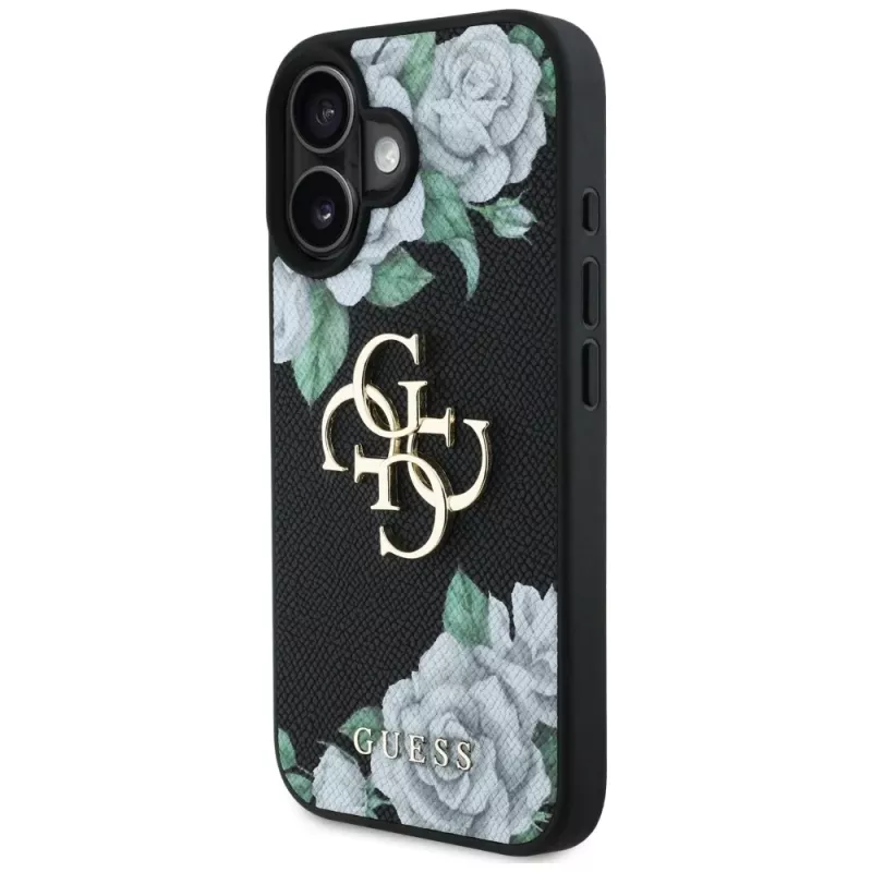 Guess Grained Roses Big 4G Logo funda para Apple iPhone 16, negro