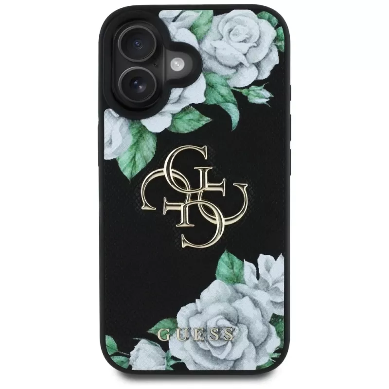 Guess Grained Roses Big 4G Logo funda para Apple iPhone 16, negro
