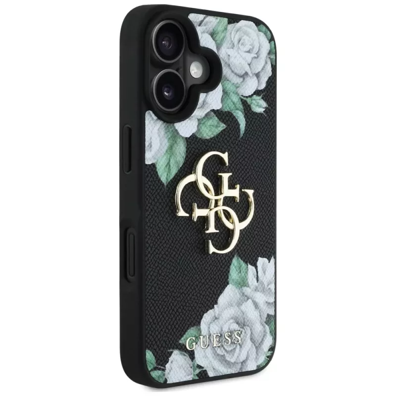 Guess Grained Roses Big 4G Logo funda para Apple iPhone 16, negro