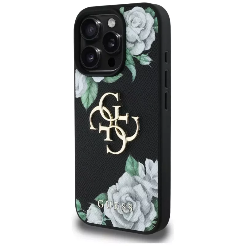 Guess Grained Roses Big 4G Logo funda para Apple iPhone 16 Pro, negro