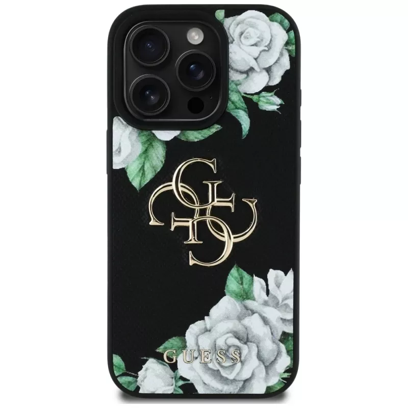 Guess Grained Roses Big 4G Logo funda para Apple iPhone 16 Pro, negro