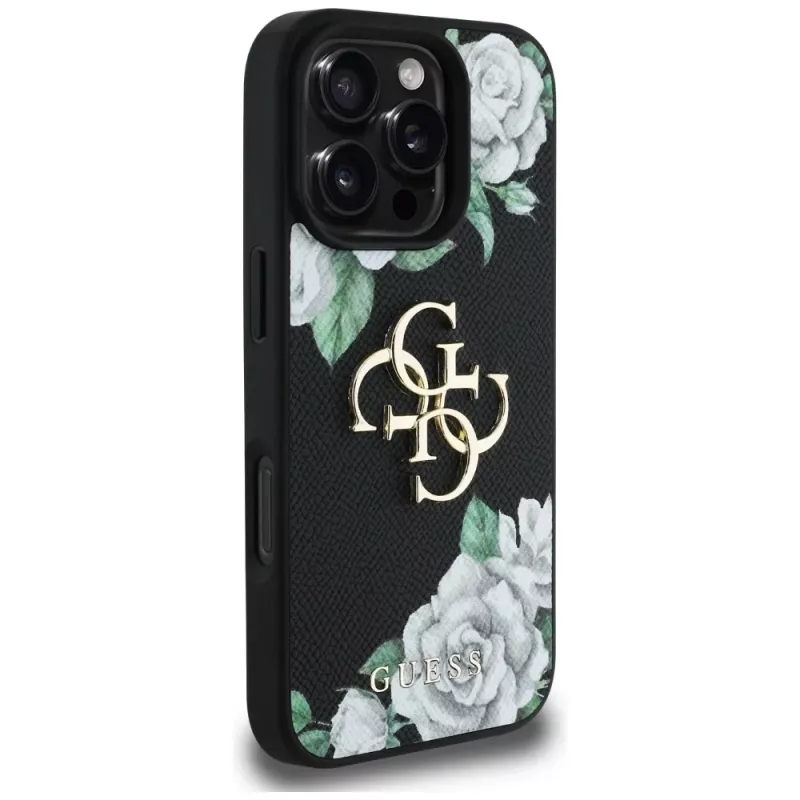 Guess Grained Roses Big 4G Logo funda para Apple iPhone 16 Pro, negro