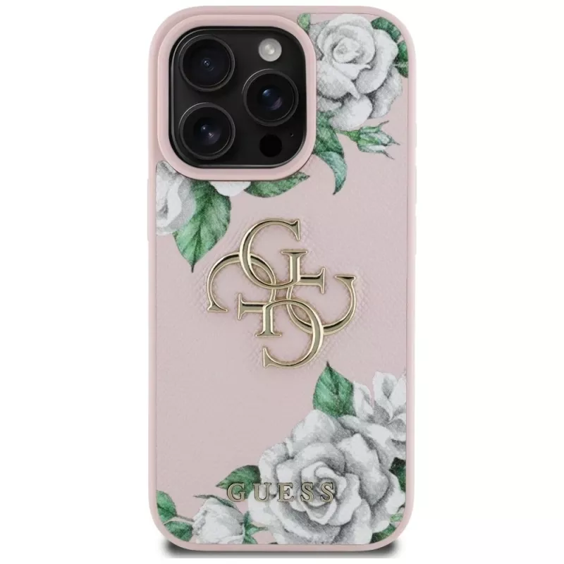 Guess Grained Roses Big 4G Logo funda para Apple iPhone 16 Pro, rosa