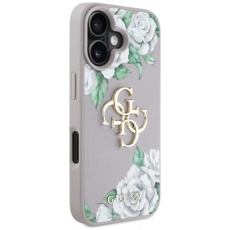 Guess Grained Roses Big 4G Logo funda para Apple iPhone 16 - lila