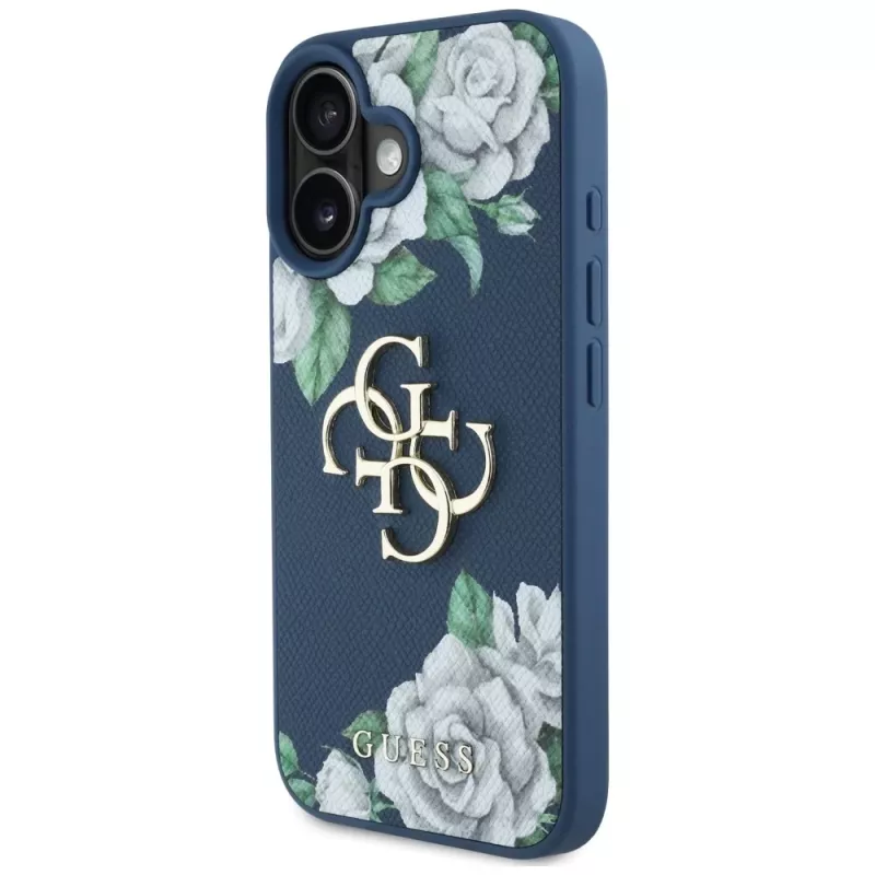 Guess Grained Roses Big 4G Logo funda para Apple iPhone 16 - azul