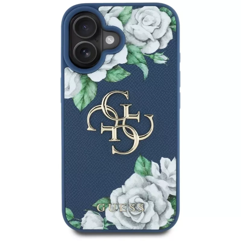 Guess Grained Roses Big 4G Logo funda para Apple iPhone 16 - azul