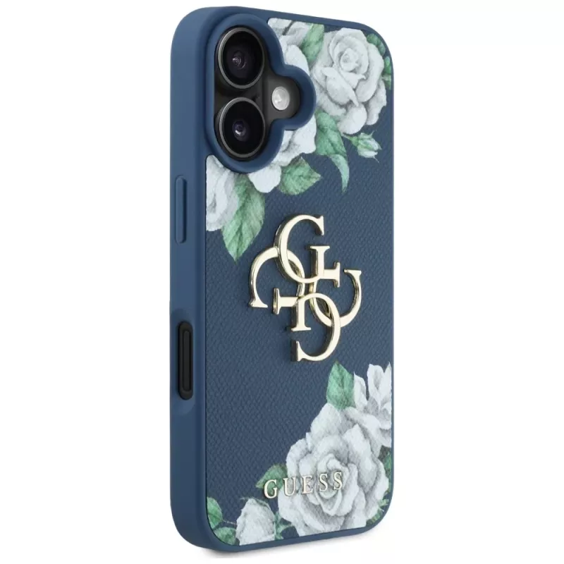 Guess Grained Roses Big 4G Logo funda para Apple iPhone 16 - azul