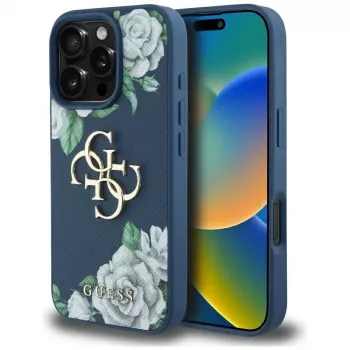 Guess Grained Roses Big 4G Logo funda trasera para Apple iPhone 16 Pro - azul