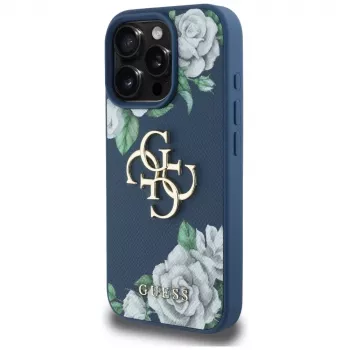 Guess Grained Roses Big 4G Logo funda trasera para Apple iPhone 16 Pro - azul