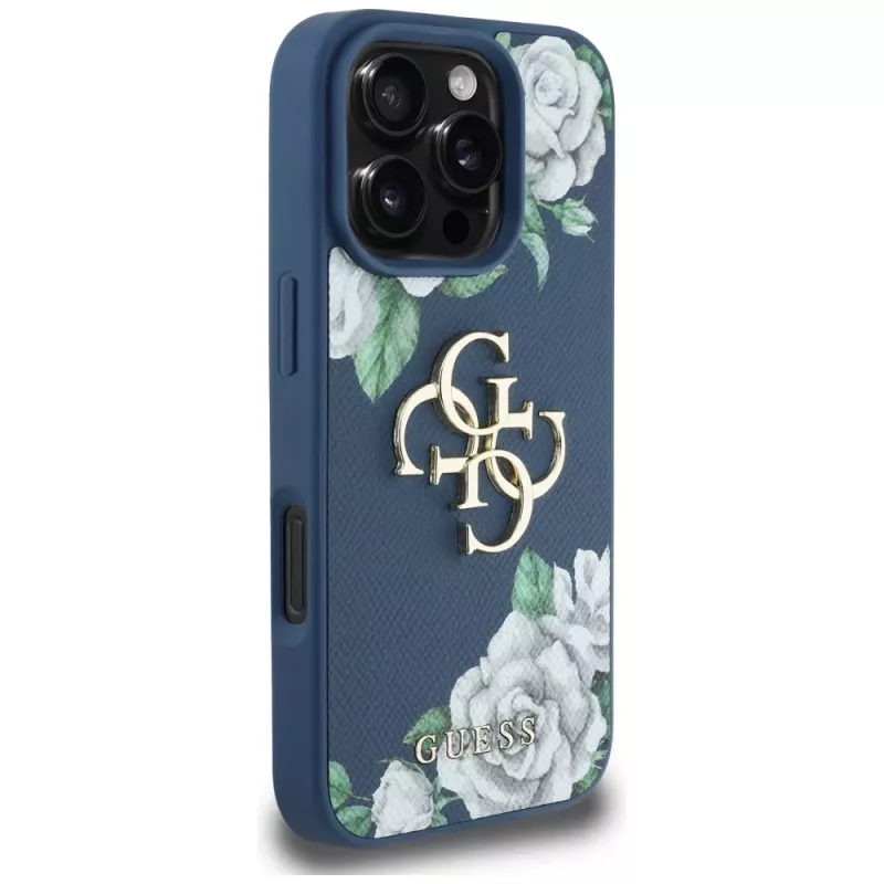 Guess Grained Roses Big 4G Logo funda trasera para Apple iPhone 16 Pro - azul