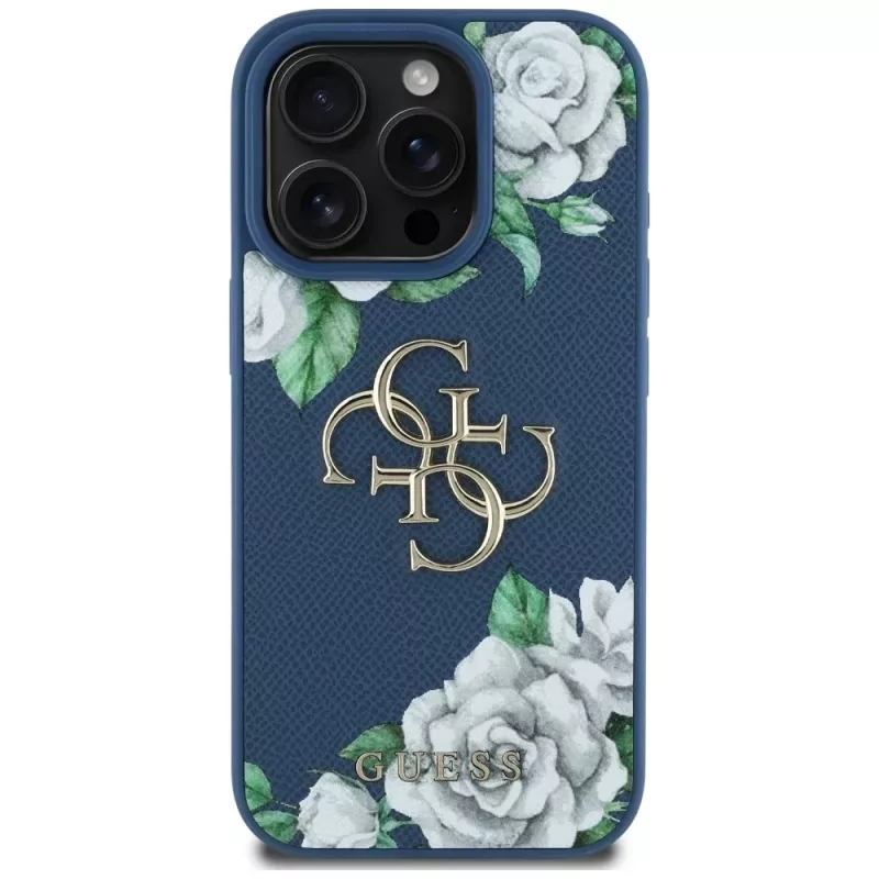 Guess Grained Roses Big 4G Logo funda para iPhone 16 Pro Max, azul