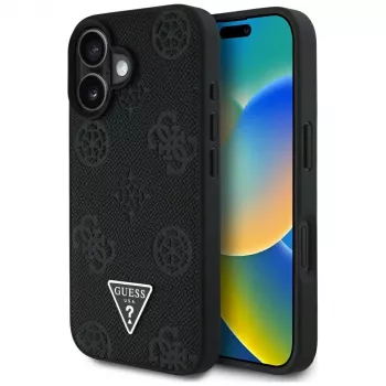 Guess Grained Hot Stamp Peony Triangle Logo funda MagSafe para iPhone 16 (negro)