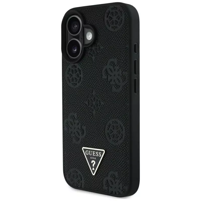 Guess Grained Hot Stamp Peony Triangle Logo funda MagSafe para iPhone 16 (negro)