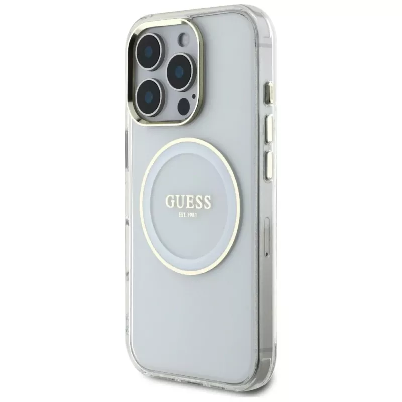 Guess IML Metal Colored Circle Classic Logo funda MagSafe para iPhone 16 Pro (blanco)