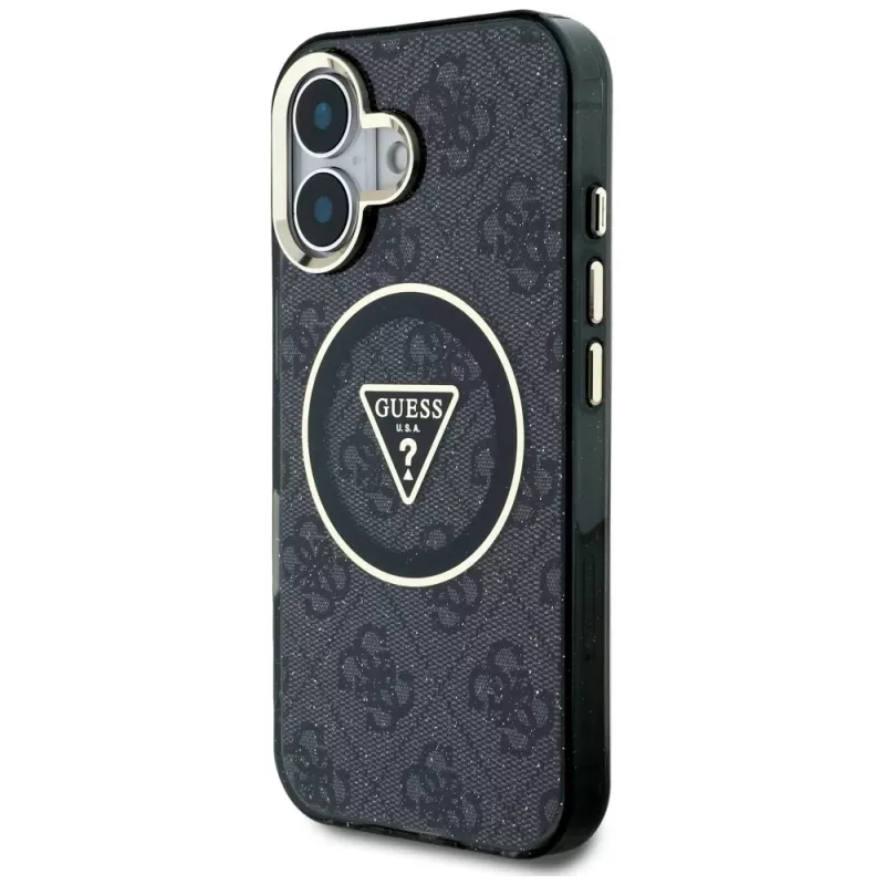 Guess IML Metal Glitter 4G Circle Triangle funda MagSafe para Apple iPhone 16 (negro)