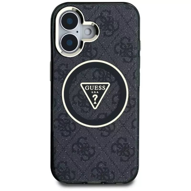 Guess IML Metal Glitter 4G Circle Triangle funda MagSafe para Apple iPhone 16 (negro)