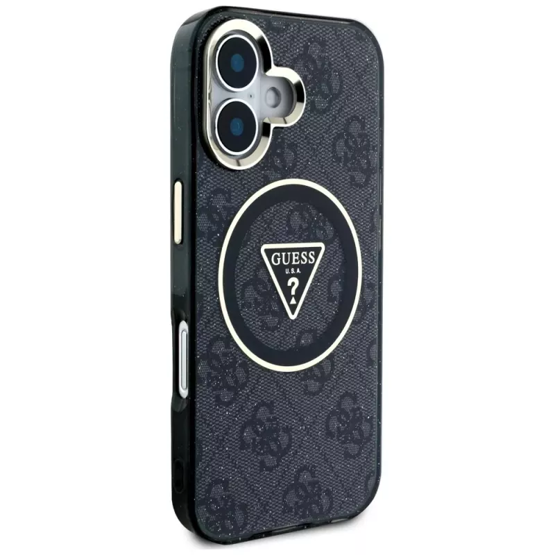 Guess IML Metal Glitter 4G Circle Triangle funda MagSafe para Apple iPhone 16 (negro)