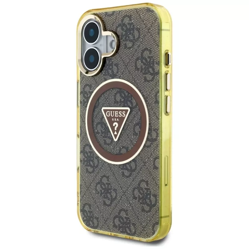 Guess IML Metal Glitter 4G Circle Triangle funda MagSafe para iPhone 16 (marrón)