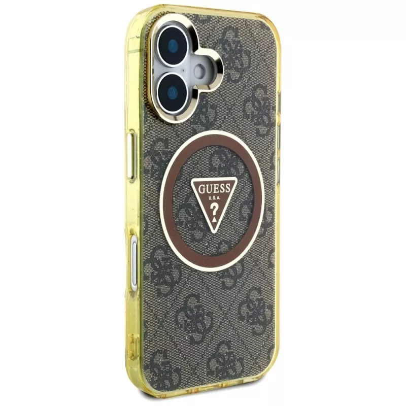 Guess IML Metal Glitter 4G Circle Triangle funda MagSafe para iPhone 16 (marrón)