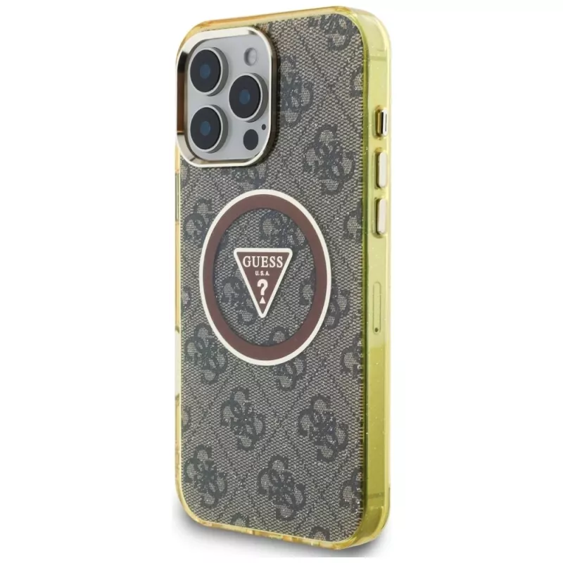 Guess IML Metal Glitter 4G Circle Triangle funda MagSafe para iPhone 16 Pro (marrón)