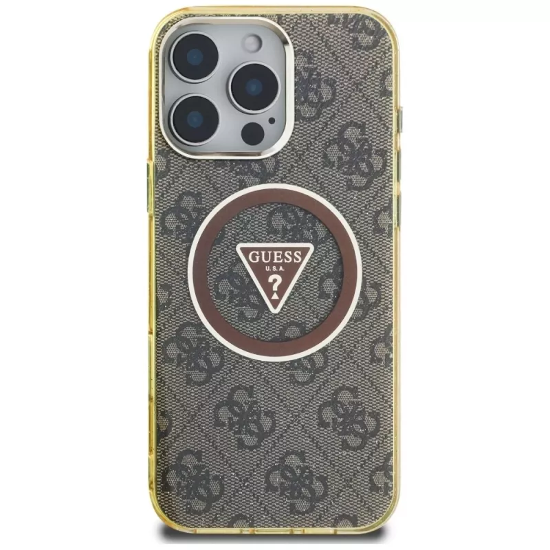 Guess IML Metal Glitter 4G Circle Triangle funda MagSafe para iPhone 16 Pro (marrón)