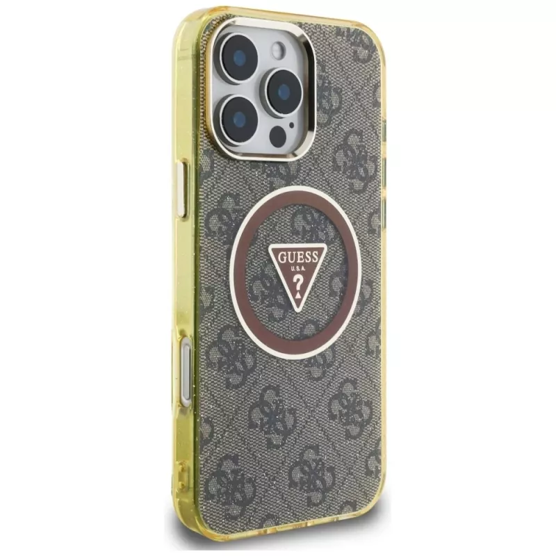 Guess IML Metal Glitter 4G Circle Triangle funda MagSafe para iPhone 16 Pro (marrón)