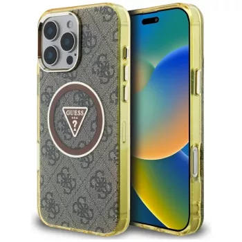 Guess IML Metal Glitter 4G Circle Triangle funda MagSafe para iPhone 16 Pro Max (marrón)