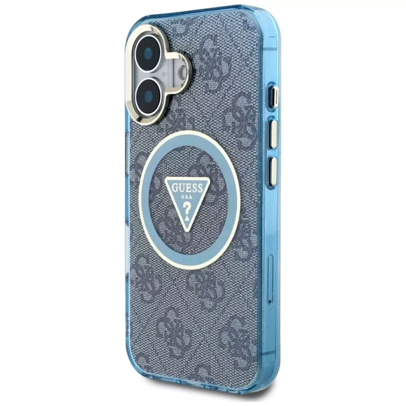 Guess IML Metal Glitter 4G Circle Triangle funda MagSafe para iPhone 16 (azul)