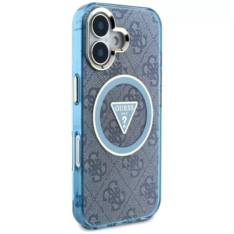 Guess IML Metal Glitter 4G Circle Triangle funda MagSafe para iPhone 16 (azul)